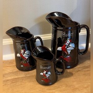 Vintage Redware Set of 3 Batter Butter Syrup Pitchers Rooster Brown Hand Painted